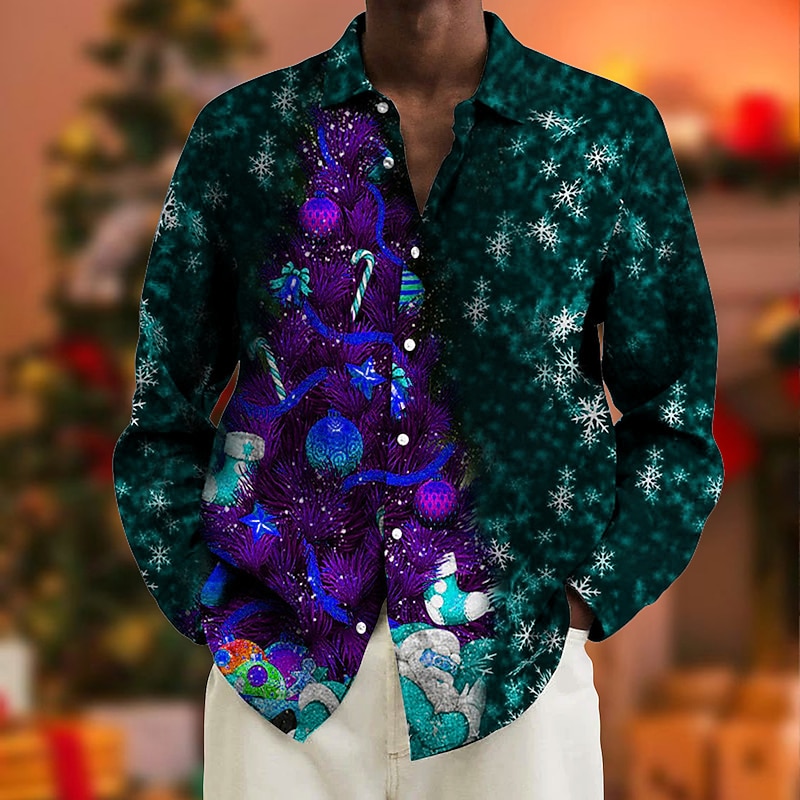 Christmas Men's Christmas tree Printed Shirts Christmas, Graphic Shirts Tree Prints Turndown Purple Black Green Yellow Wine 3D Street Long Sleeve Button Casual Brown Cotton Button-Down4