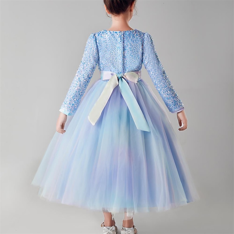 Kids Girls' Flower Girl Dress Party Dress Solid Color Flower Long Sleeve Performance Wedding Party Sequins Tie Knot Elegant Princess Polyester Maxi Tulle Dress Flower Girl's Dress Spring Fall Winter4