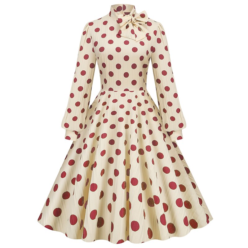 Polka Dots Retro Vintage 1950s Grease Outfits Vacation Dress Flare Dress Women's Costume Vintage Cosplay Daily Wear Long Sleeve Dress Carnival