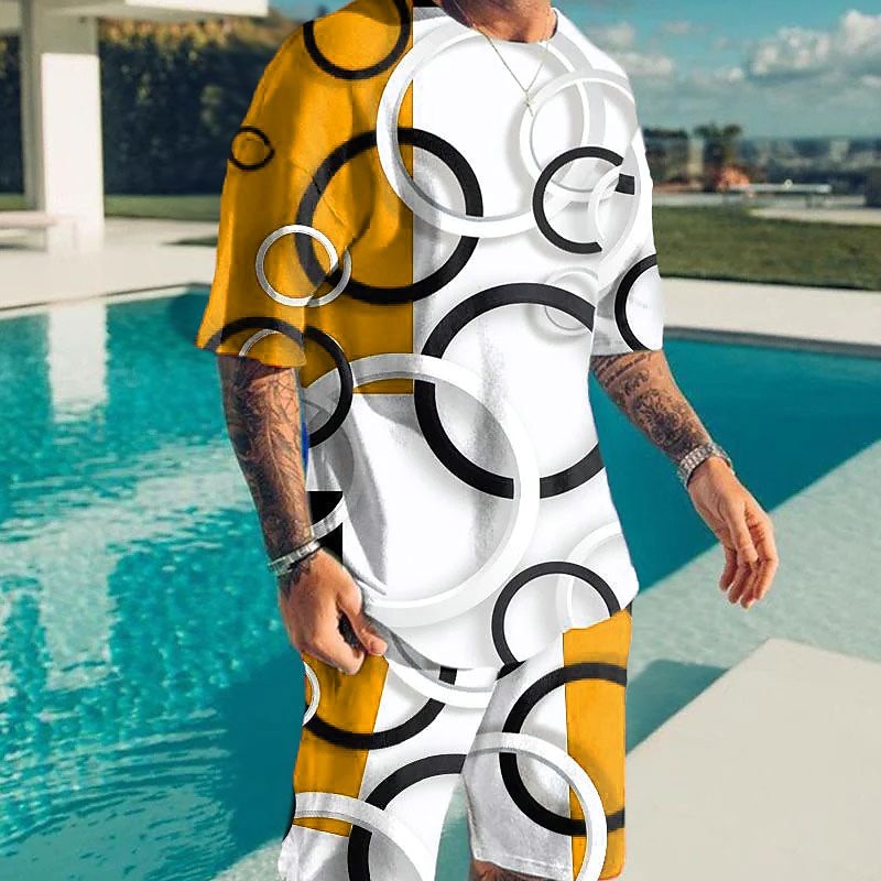 Men's Color Block Graphic Prints 2pcs Tees sets Matching Sets Short Sleeve Short Pants Crew Neck Basic Classic Comfortable Outdoor Street Daily 3D Print Summer Spring Yellow Red Blue4