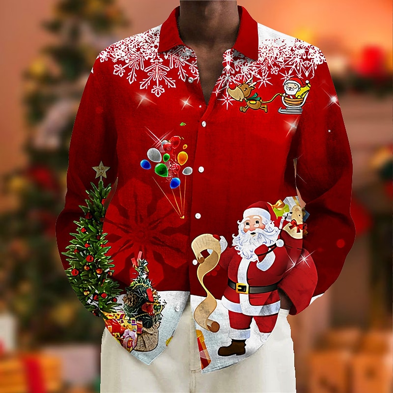Christmas Men's Santa Claus Printed Shirts Shirts Santa Claus Graphic Prints Turndown Wine 3D Print Street Long Sleeve Button-Down Print Clothing Apparel Fashion Designer Casual