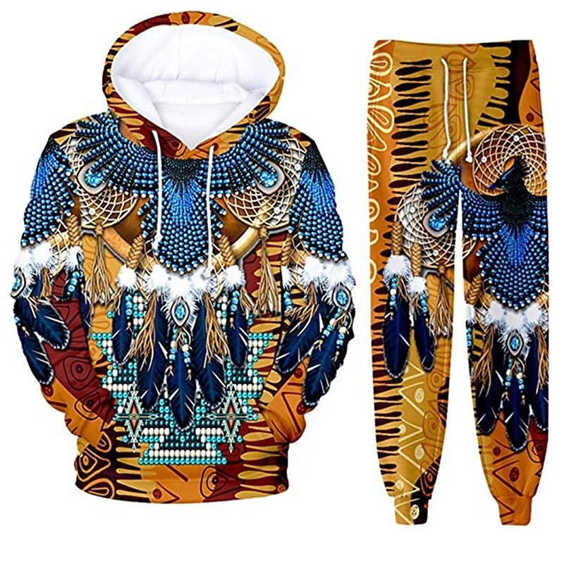 Men's Graphic Wolf Bohemian Style 2pcs 3D Sweatshirt Sets Tracksuit Hoodies Long Sleeve Long pants Hooded Streetwear Designer Basic Sports & Outdoor Casual Sports Print Spring Fall Blue Orange Brown2