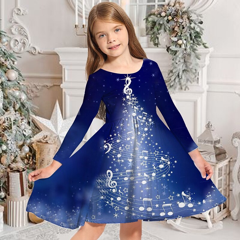 Kids Girls' Christmas Dress Dress Snowflake Dress Animal Elk Snowflake Long Sleeve Casual Crewneck Adorable Daily Polyester Above Knee Casual Dress Swing Dress A Line Dress Fall Winter 3-10 Years2