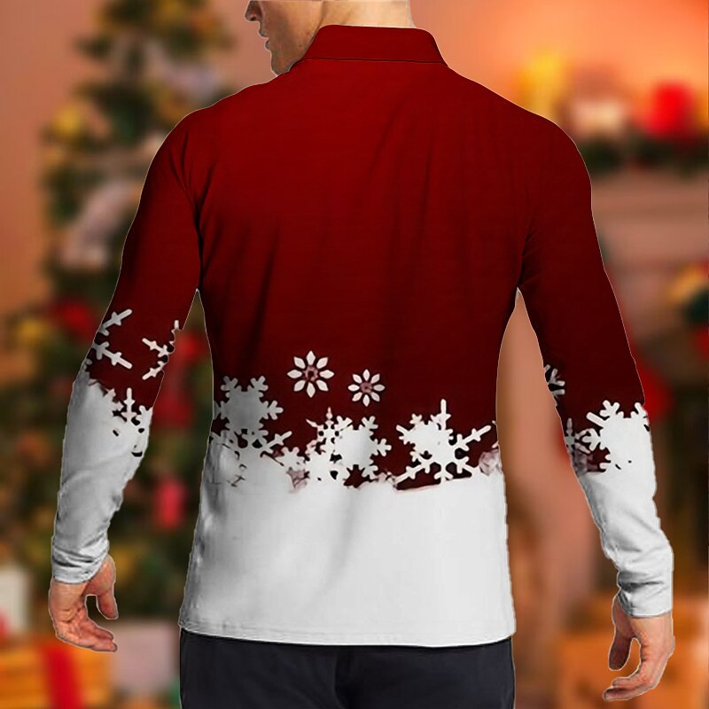 Christmas Men's Christmas Scene 3D Polo Xmas Golf Graphic Prints Snowflake Turndown Wine Blue Brown Green Gray 3D Print Street Casual Long Sleeve Button-Down Print Clothing Apparel Fashion2