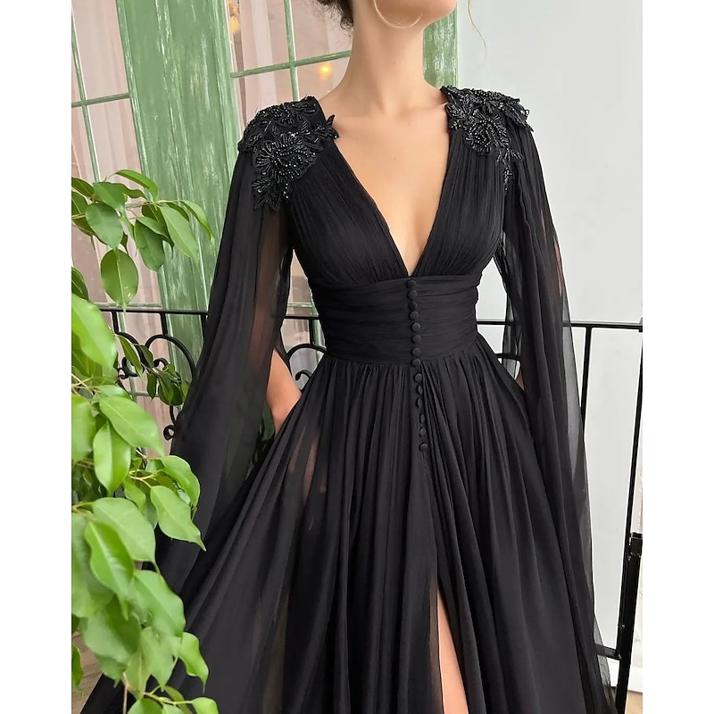 A-Line Evening Gown Black Sexy Dress Formal Wedding Guest Masquerade Court Train Long Sleeve V Neck Chiffon with Buttons Slit Appliques2