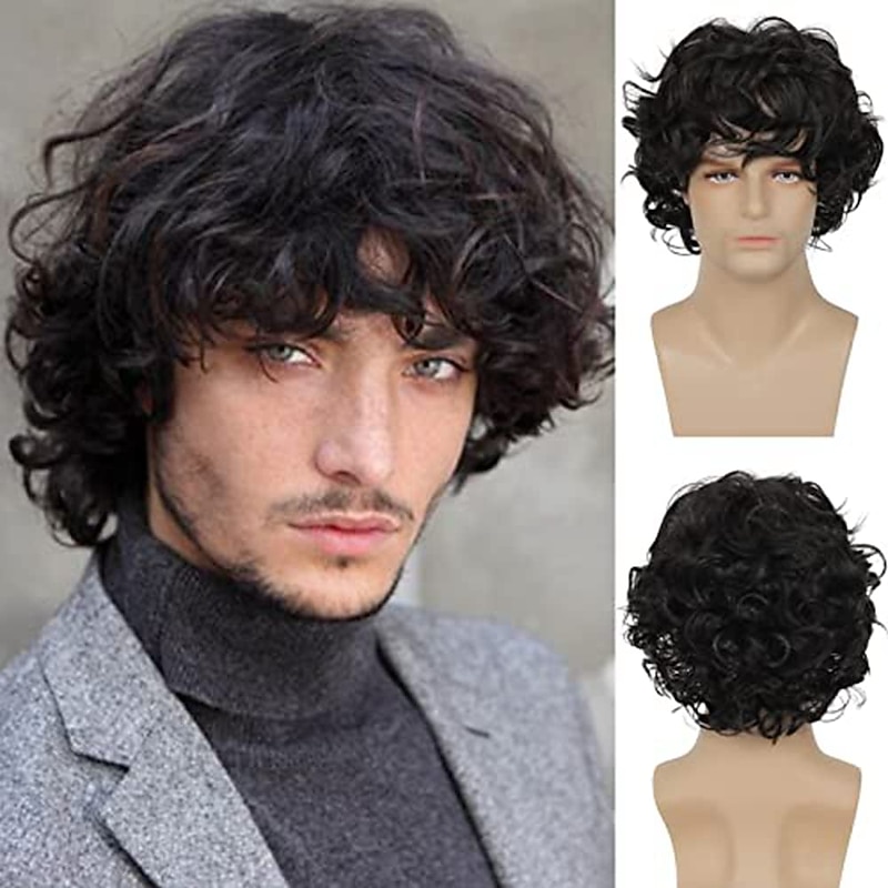 Mens Short Curly Black Wig with Bang Synthetic Cosplay Costume Party Natural Hair Wig