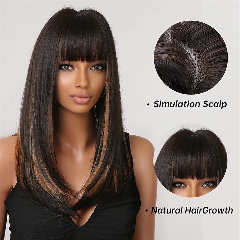 Long Black Wigs for Women Shouler-Length Black Mixed Blonde with Bangs Natural Synthetic Wig Hair Repalcement Wig for Daily Party Use barbiecore Wigs2
