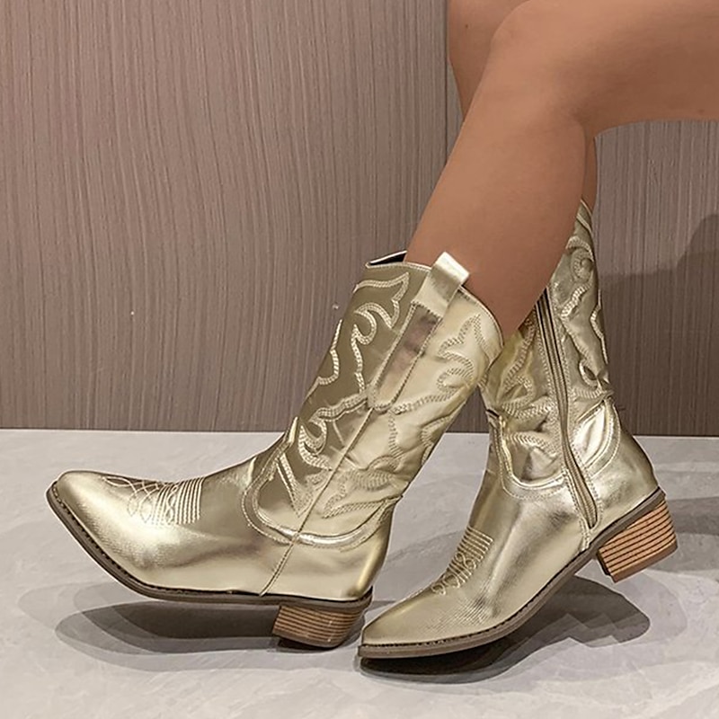 Women's Stylish White Cowboy Boots Mid-Calf Boots with Embroidered Detailing for Casual and Western Outfits4