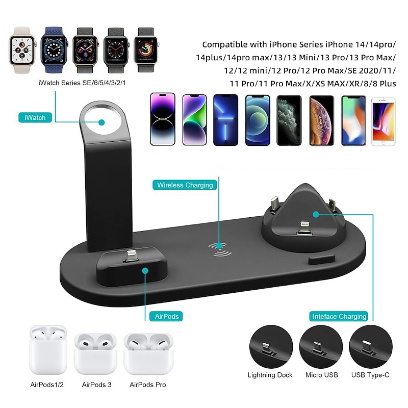 Wireless Charger Stand 6 in 1 QI Wireless Charging Station Dock for Iwatch iPhone Airpods Compatible with iPhone iPhone 14 13 12 11 Pro Max Mini X XS XR 8 7/Samsung S22/S212