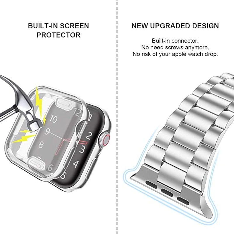 Link Bracelet Smart Watch Band with Case Compatible with Apple iWatch 45mm 44mm 42mm 41mm 40mm 38mm Sreies SE 8 7 6 5 4 3 2 1 for Smartwatch Strap Stainless Steel Buckle Shockproof2