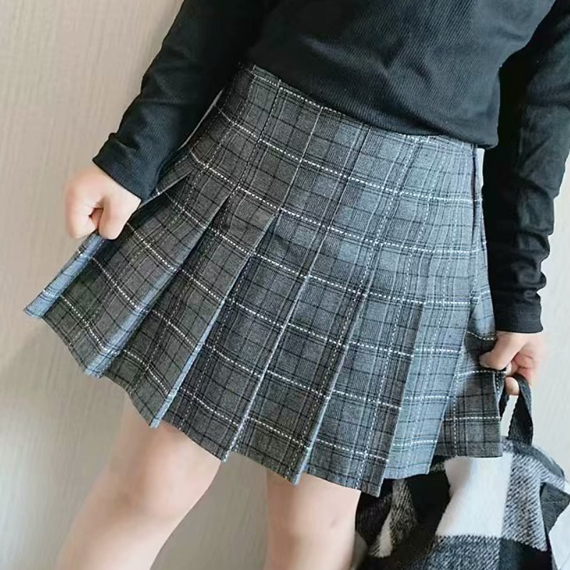 Kids Girls' Skirt Plaid Active School 7-13 Years Winter Black Pink Light gray3