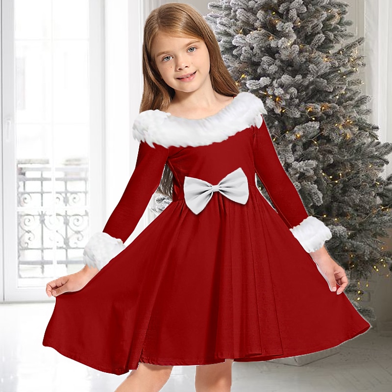 Kids Girls' Dress Solid Color Long Sleeve Casual Fur Trim Crewneck Adorable Daily Polyester Above Knee Casual Dress Swing Dress A Line Dress Fall Winter 2-13 Years Black Wine Red3