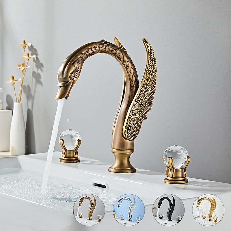 Widespread Bathroom Sink Mixer Faucet Swan Shape, Vintage Brass 3 Hole 2 Handle Basin Tap Deck Mounted, Washroom Basin Vessel Water Tap with Hot and Cold Hose - Main Image