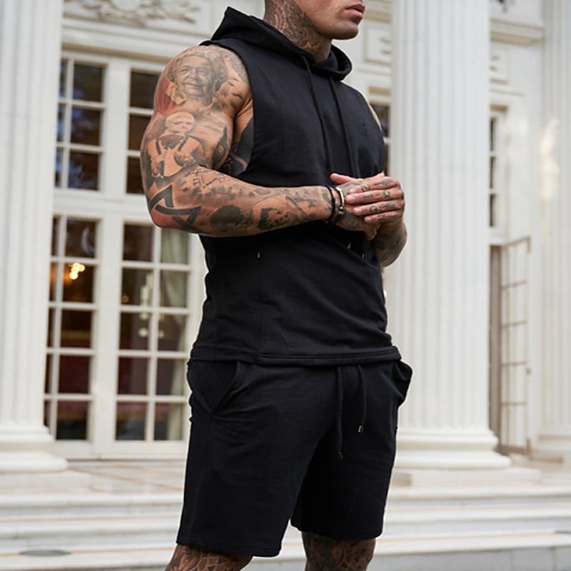 Men's T-shirt Suits Tracksuit Tennis Shirt Shorts and T Shirt Set Sleeveless Short Sleeve Hooded Summer Solid Colored Sports Designer Sportswear Drawstring 2 Piece Outdoor Street Daily Black White4