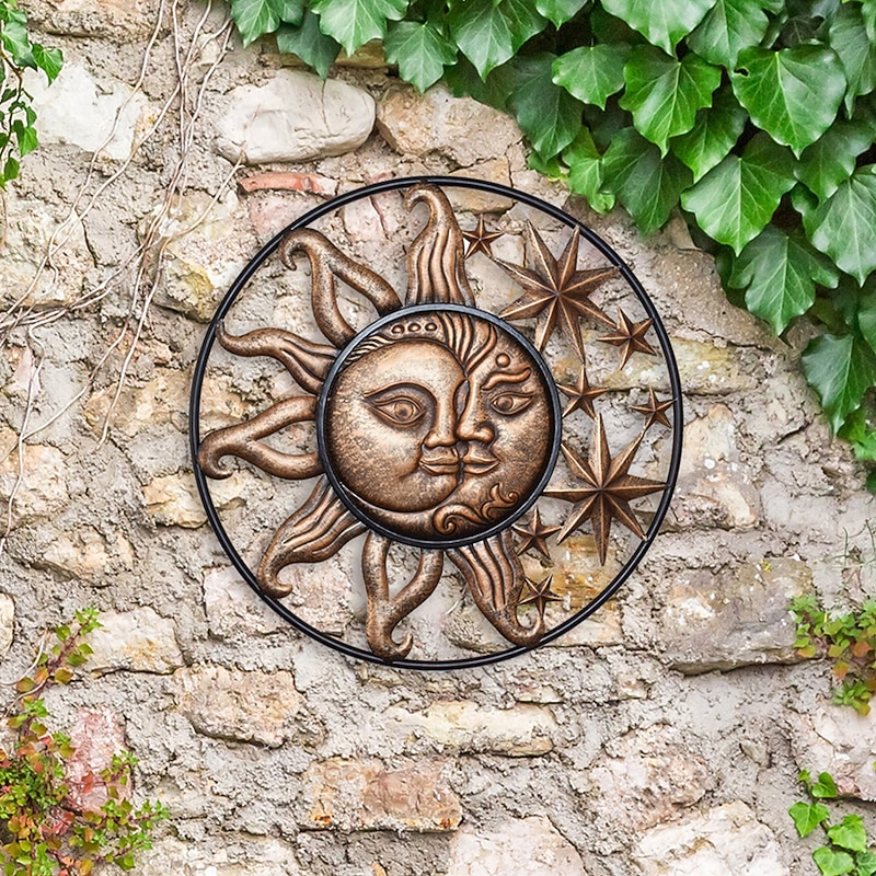 Wrought Iron Metal Wall Art Decoration Creative Sun Moon Star Sculptures Statue Wall Hanging Ornament for Home Garden