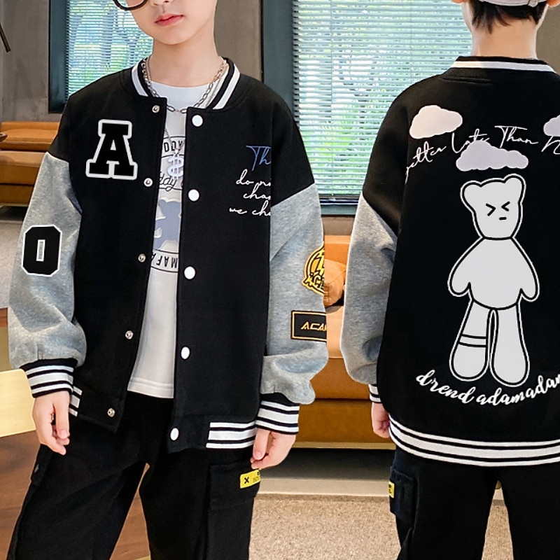 Kids Boys' Baseball Jackets Outerwear Cartoon Letter Long Sleeve Coat Outdoor Cotton Fashion Cool Black Fall Winter 7-13 Years2