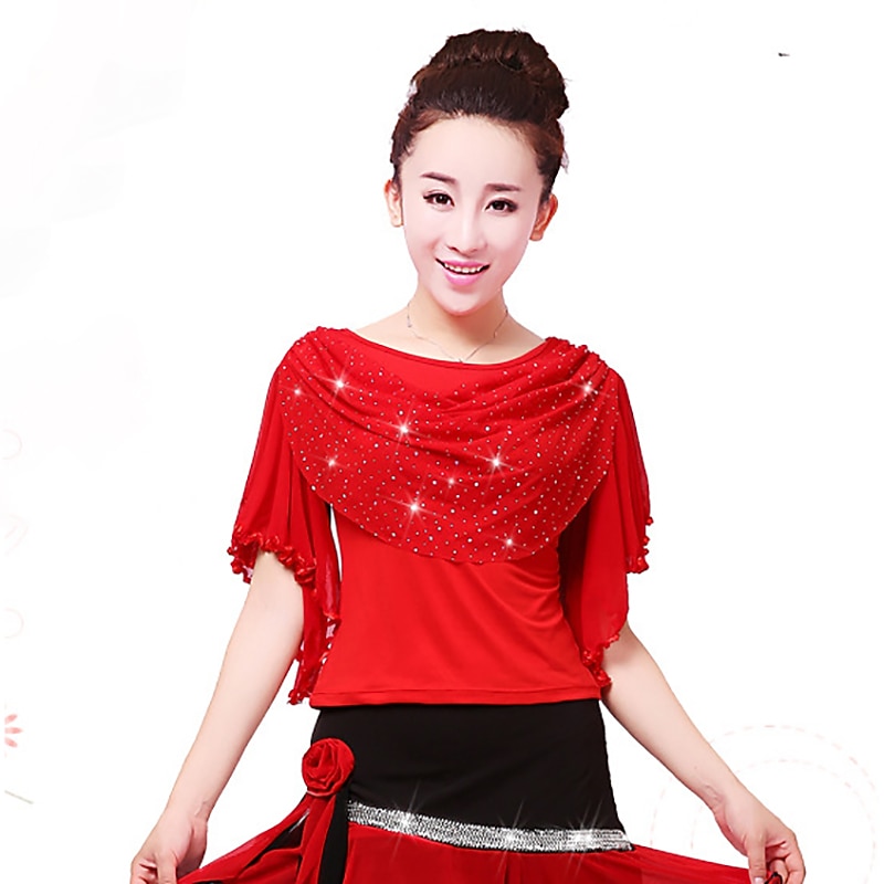 Latin Dance Ballroom Dance Sparkle Top Ruffles Pure Color Women's Performance Training Short Sleeve Polyester3