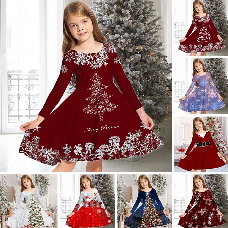 Kids Girls' Christmas Dress Dress Snowflake Dress Animal Elk Snowflake Long Sleeve Casual Crewneck Adorable Daily Polyester Above Knee Casual Dress Swing Dress A Line Dress Fall Winter 3-10 Years