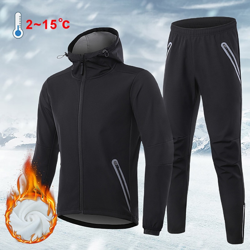 Arsuxeo Men's Cycling Jacket with Pants Long Sleeve Mountain Bike MTB Road Bike Cycling Winter Black Bike Windproof Warm Moisture Wicking Sports Solid Color Clothing Apparel / Advanced / Racing