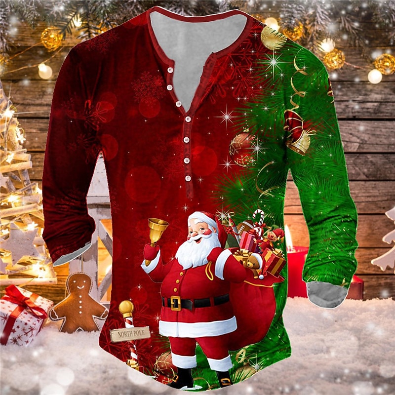 Christmas Men's Santa Claus Henley T Shirt Tee Sports Designer Basic Santa Claus Graphic Prints Long Sleeve Black Red Blue Outdoor Street Crew Neck Spring &  Fall Clothing Apparel 3D Print