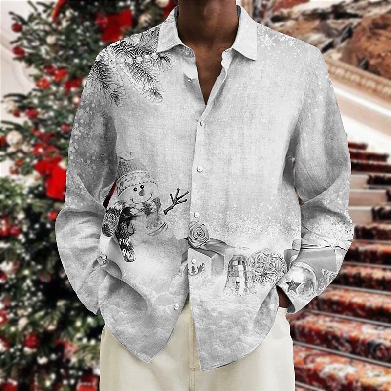 Christmas Men's Christmas Scene Printed Shirts Shirts Snowman Graphic Prints Turndown Blue Gray 3D Print Street Long Sleeve Button-Down Print Clothing Apparel Fashion Designer Casual2