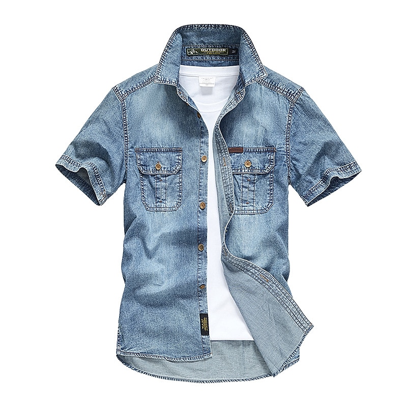 Men's Shirt Chambray Shirt Summer Shirt Jeans Shirt Button Up Shirt Denim Shirt Navy Blue Blue Light Blue Short Sleeve Plain Solid Colored Turndown Outdoor Vacation Button-Down Clothing Apparel4