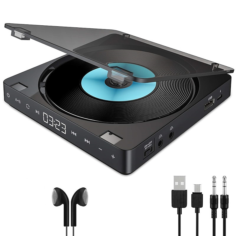 Portable CD Player with Rechargeable 1800mAh Battery, Anti-Skip, Dual Headphone Jacks, Touch Buttons, AUX Cable