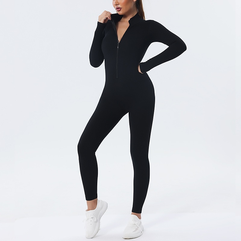 Women's Onesie Workout Sets Winter Front Zip Solid Color Bodysuit Black Pink Spandex Yoga Fitness Gym Workout Tummy Control Butt Lift Breathable Sport Activewear Stretchy3
