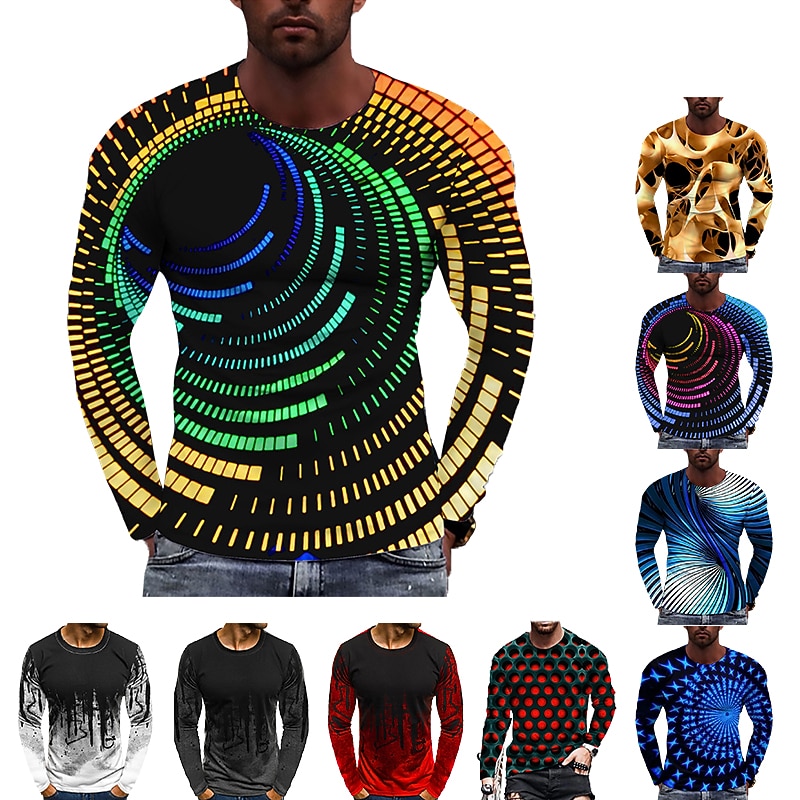Men's Graphic Prints Spiral Stripe T Shirt Long Sleeve T shirt 3D Print Crew Neck Shirt Designer Casual Big and Tall Daily Holiday A B C Spring &  Fall Clothing Apparel S M L XL XXL 3XL 4XL