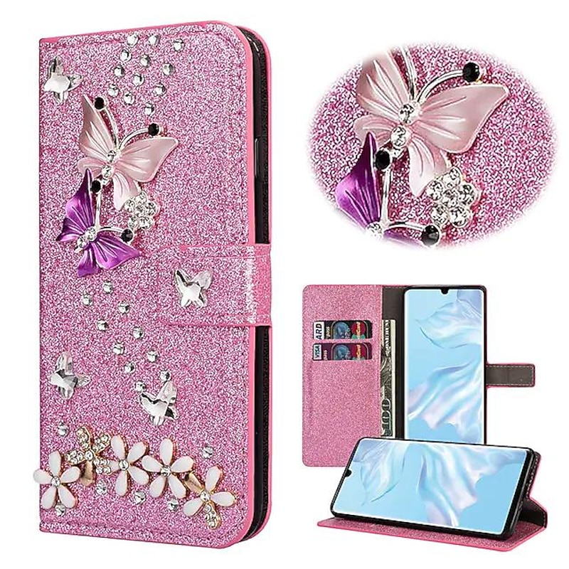 Phone Case For Samsung Galaxy S25 S24 S23 S22 S21 FE S21 Ultra Plus A55 5G A35 5G A25 A15 Wallet Case Rhinestone Magnetic Glitter Shine Butterfly Glitter Shine PU Leather