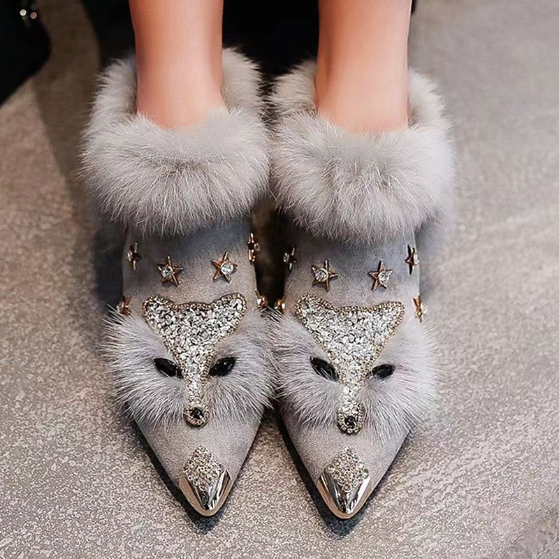 Women's Grey Fur-Trimmed Pointed-Toe Ankle Boots – Rhinestone Fox and Star Embellishments with Chunky Heels2