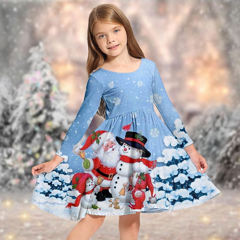 Kids Girls' Christmas Dress Dress Snowflake Dress Snowman Snowflake Long Sleeve Casual Crewneck Adorable Daily Polyester Above Knee Casual Dress Swing Dress A Line Dress Fall Winter 3-10 Years3