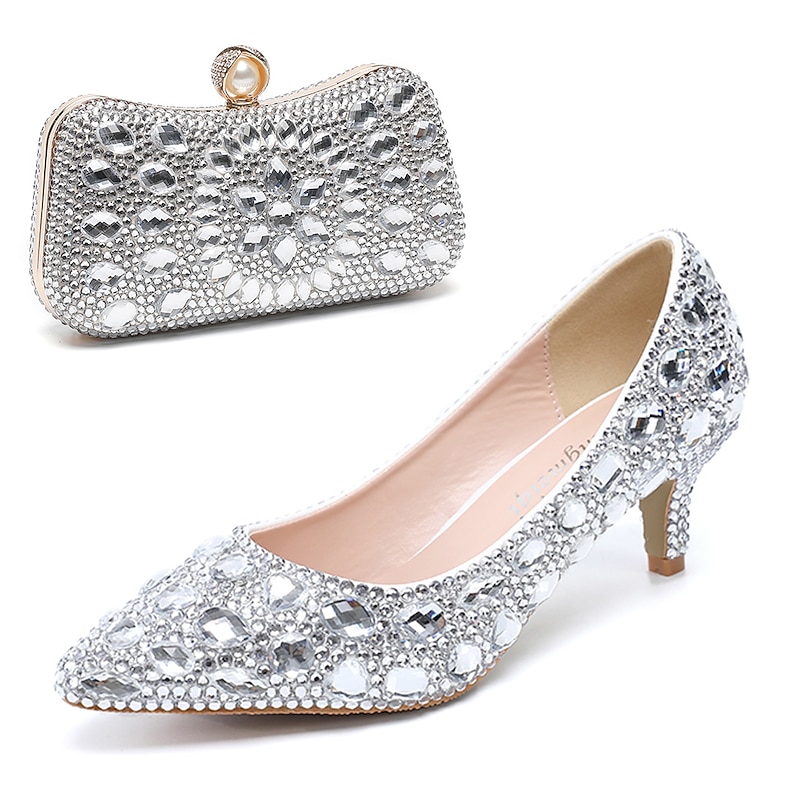 Women's Crystal-Embellished Kitten Heel Shoes and Matching Clutch Set - Elegant Rhinestone Wedding Pumps with Evening Bag2