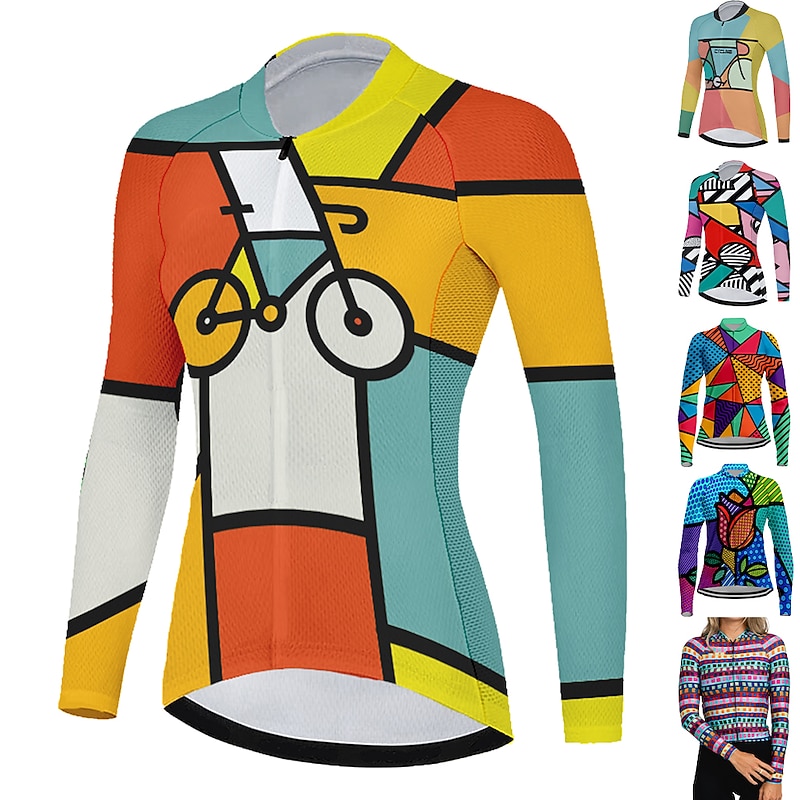 Women's Cycling Jersey Geometric Geometry Funny Long Sleeve Bike Jersey Top with 3 Rear Pockets Mountain Bike MTB Road Bike Cycling Quick Dry Reflective Strips Back Pocket Moisture Wicking Sports