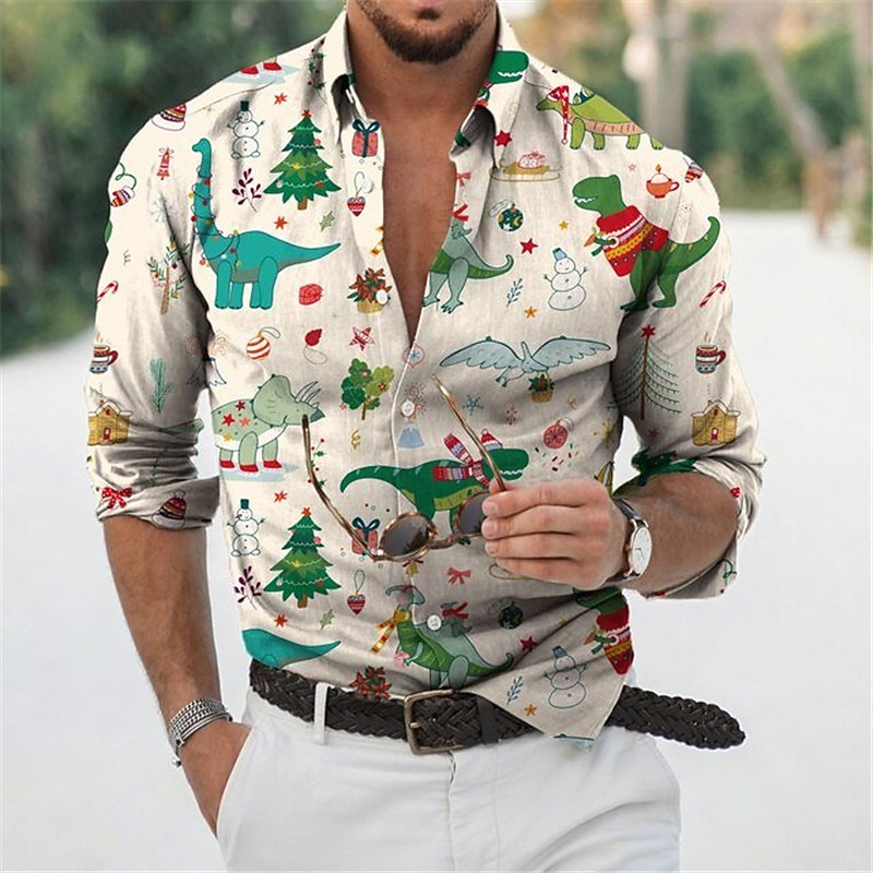 Christmas Men's Christmas Scene Printed Shirts Shirts Animal Dinosaur Graphic Prints Turndown Green Beige White 3D Print Street Long Sleeve Button-Down Print Clothing Apparel Fashion Designer Casual3