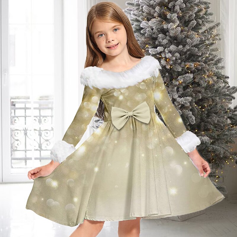 Kids Girls' Dress Gradient Snowflake Long Sleeve Casual Fur Trim Crewneck Adorable Daily Polyester Above Knee Casual Dress Swing Dress A Line Dress Fall Winter 2-13 Years Black Wine Gold4
