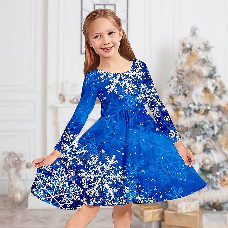 Kids Girls' Christmas Dress Dress Snowflake Dress Snowflake Long Sleeve Christmas Gifts Casual Crewneck Adorable Daily Polyester Above Knee Casual Dress Swing Dress A Line Dress Fall Winter 4-12 Years4