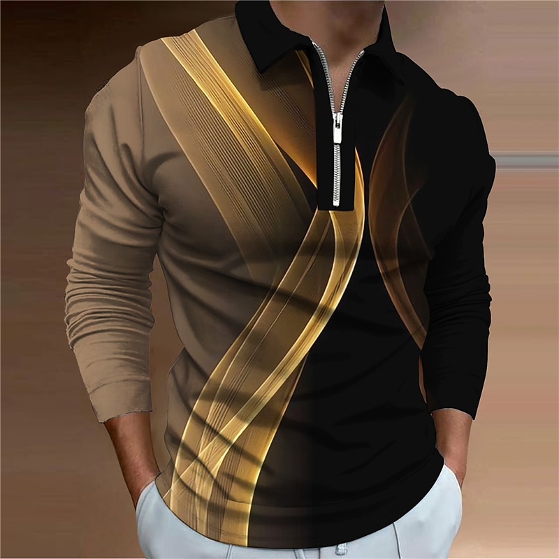 Men's Geometric Zip Polo Shirts Golf Shirt Long Sleeve Polo Shirts Collared Shirts Business Casual Vacation Wear Formal Wear Festival Wear 3D Print Quarter Zip Polo Yellow Red Blue