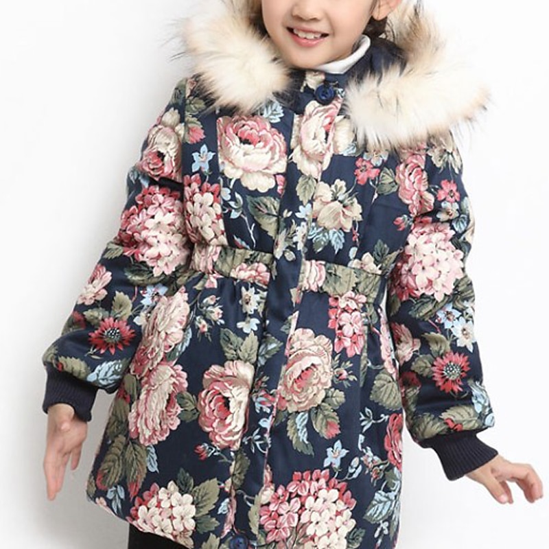 Kids Girls' Down Coat Floral Fashion Outdoor Cotton Coat Outerwear 3-12 Years Fall Navy Blue Beige3
