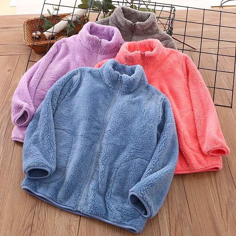 Kids Boys' Fleece Jacket Outerwear Solid Color Long Sleeve Zipper Coat Outdoor Cotton Fashion Daily Pink Red Navy Blue Fall Winter 7-13 Years