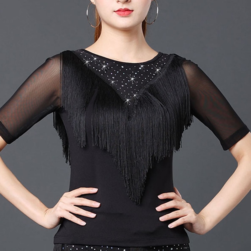 Latin Dance Ballroom Dance Top Fringed Tassel Ruching Pure Color Women's Performance Training Short Sleeve Polyester