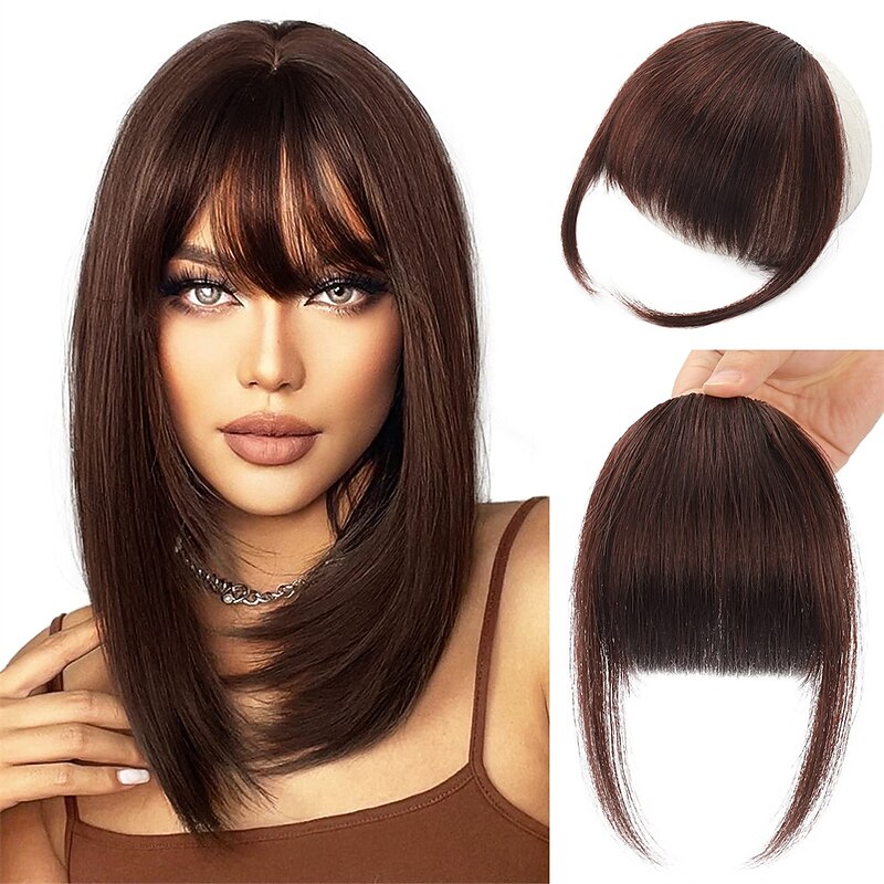Clip in Bangs for Women 100% Hair Extensions French Bangs Fring with Temples Hairpieces Clip on French Bangs Flat Bangs Clip Curved Bangs for Daily Wear