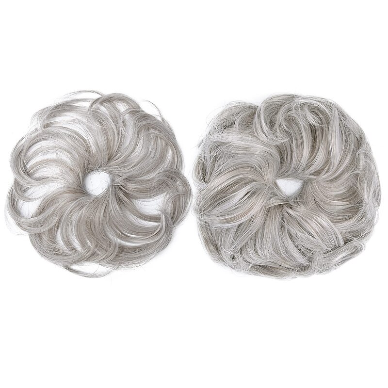 2PCS Updo Messy Hair Bun Curly Wavy Ponytail Extensions Hairpieces Hair Scrunchies Wraps Chignon for Women Girls (Plus Limited Hair Bun with Longer Hair Length Grey/Brown/Silver/White Mixed)3