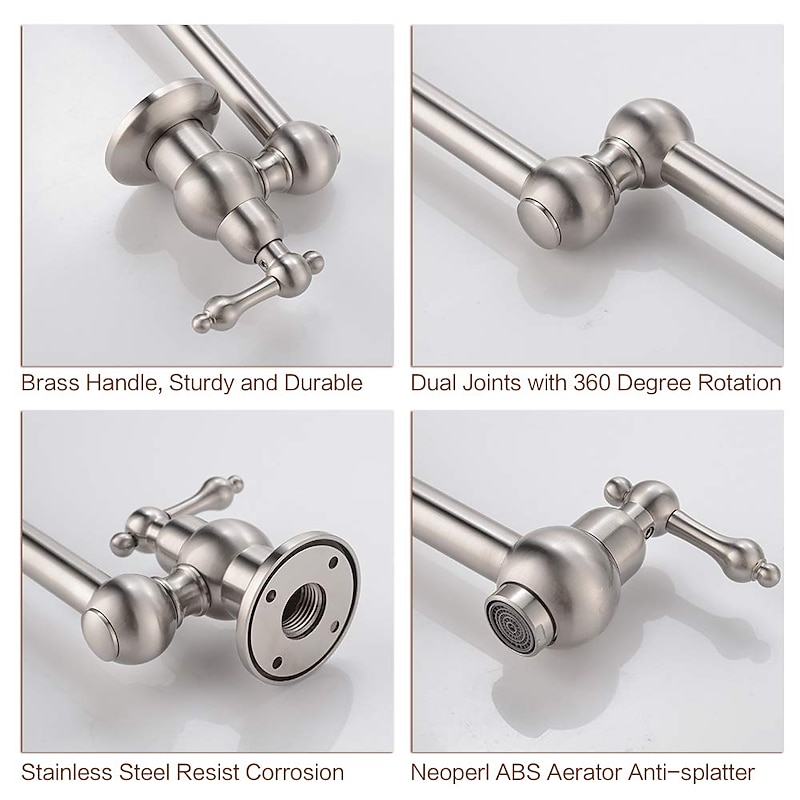 Kitchen Faucet,Wall Mounted Pot Filler Brass Two Handles One Hole Nickel Brushed Foldable Faucet4