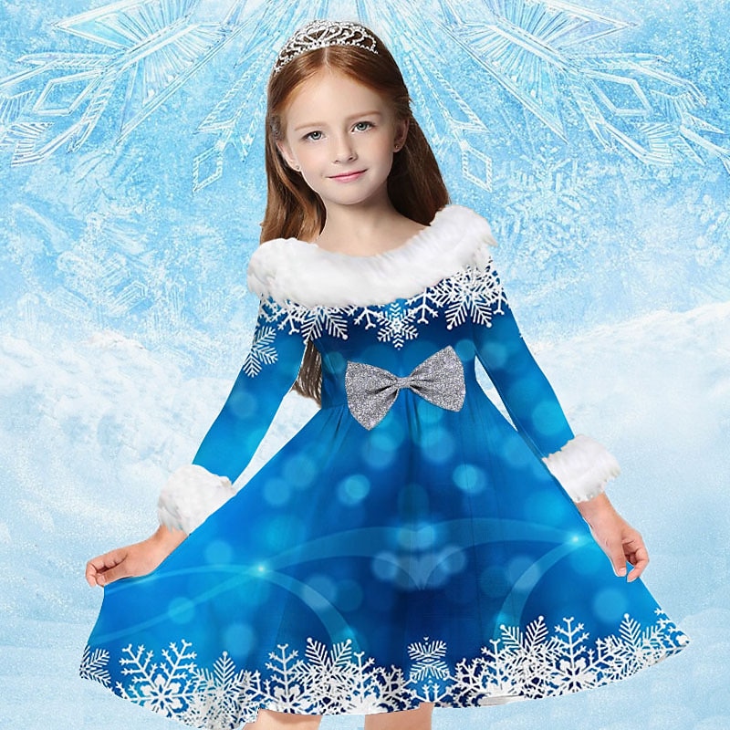 Kids Girls' Dress Snowflake Dress Snowflake Long Sleeve Casual Fur Trim Crewneck Adorable Daily Polyester Above Knee Casual Dress Swing Dress A Line Dress Fall Winter 2-13 Years Navy Blue Royal Blue3