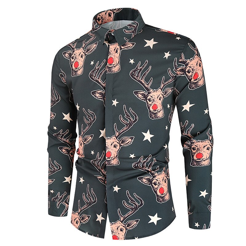 Christmas Men's Christmas animal Printed Shirts Shirts Santa Claus Elk Graphic Prints Turndown Black and Red Black / White Olive Green Green Black 3D Print Street Long Sleeve Button-Down Print2