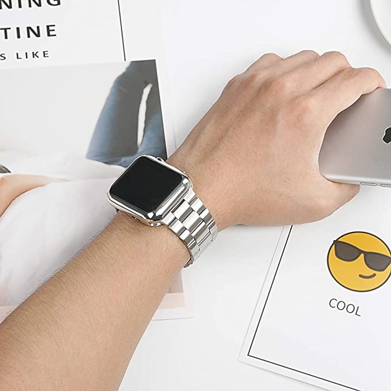 Link Bracelet Smart Watch Band with Case Compatible with Apple iWatch 45mm 44mm 42mm 41mm 40mm 38mm Sreies SE 8 7 6 5 4 3 2 1 for Smartwatch Strap Stainless Steel Buckle Shockproof3