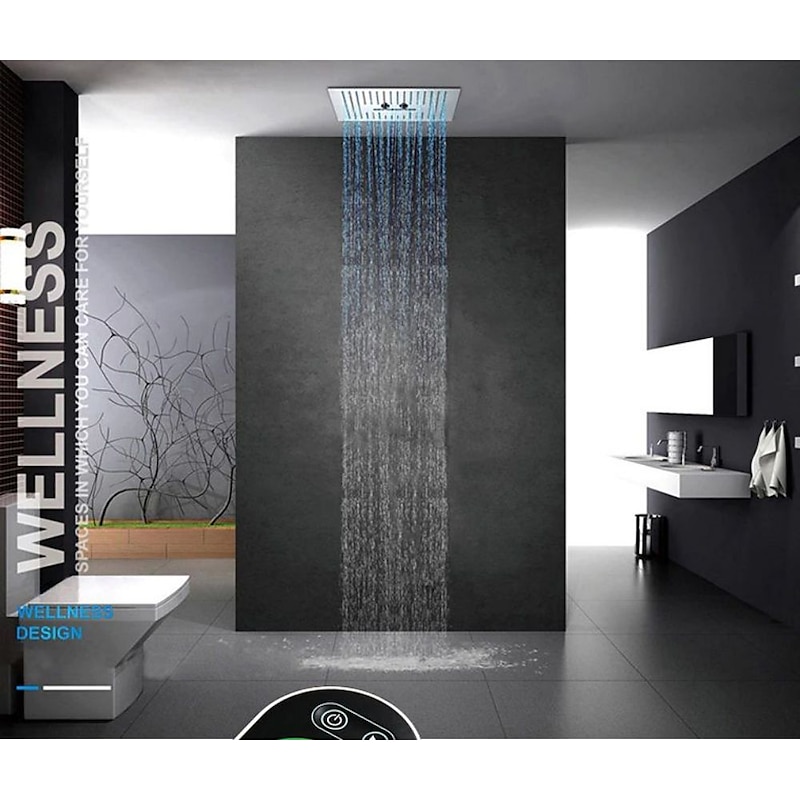 Concealed Rainfall Shower Head 400*400mm LED Light, 16 Inch Ceiling Rainfall Showerhead 304 Stainless Steel, Rain Shower 3 Functions Led Showerhead Square Spa Waterfall Showers Panel3