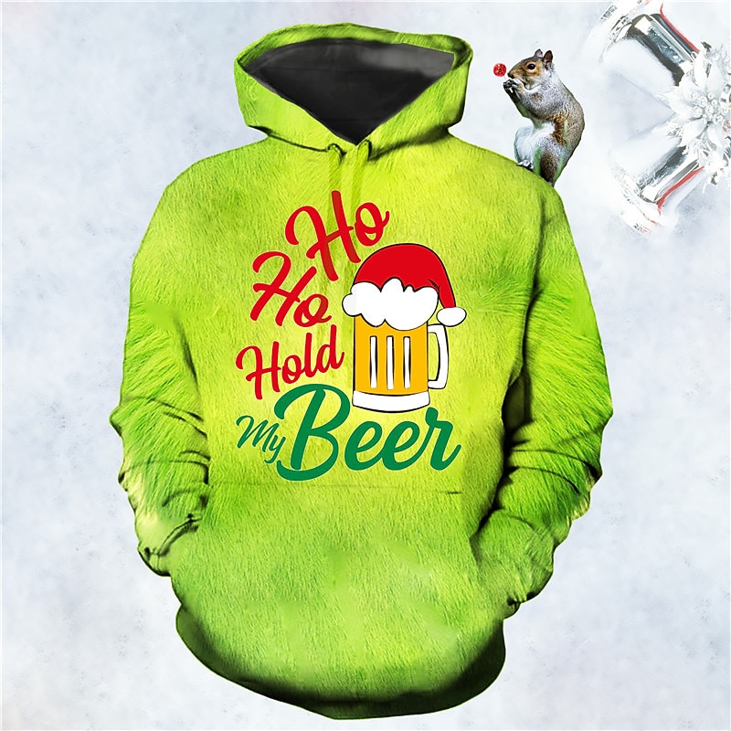 Christmas Men's Funny Christmas 3D Hoodies Pullover Green / Red Green Black Red Navy Blue Hooded Graphic Prints Beer Ugly  Print Daily Sports 3D Print