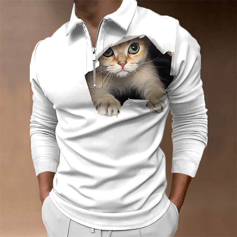Men's Cat Zip Polo Shirts Golf Shirt Long Sleeve Polo Shirts Collared Shirts Casual Funny Streetwear Vacation Wear Party Outfits 3D Print Quarter Zip Polo Black+Black White & Blue Black2
